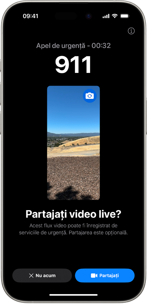 Ecranul „Video live S.O.S. urgențe” afișând un apel telefonic de urgență 911 cu o previzualizare video în mijloc. În partea de jos se află butoanele „Nu acum” și „Partajare clip video”.