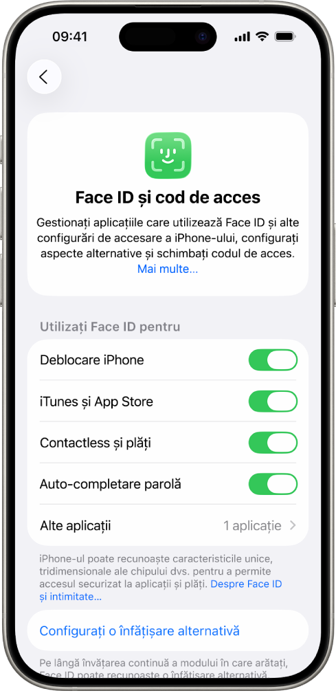 Ecranul Face ID de pe iPhone, afișând pentru ce poate fi utilizat Face ID, de exemplu deblocarea iPhone‑ului, iTunes și App Store, Portofel și Apple Pay și Auto-completare parolă.