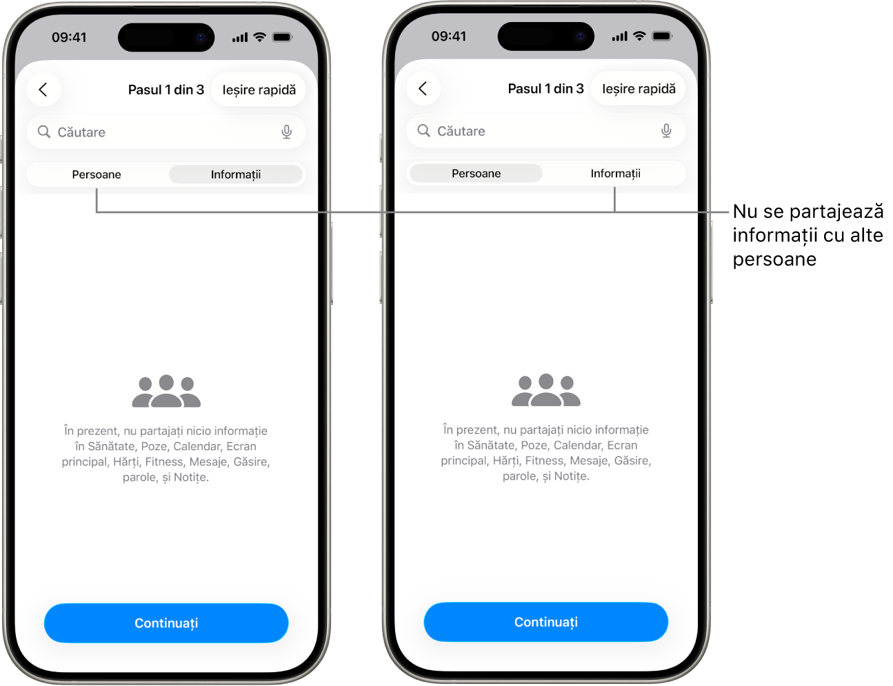 Un ecran indicând că un utilizator nu partajează nicio informație cu nicio altă persoană prin selectarea filelor Persoane și Informații.