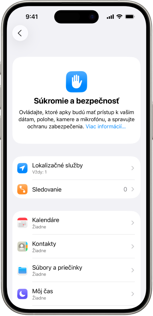 iPhone s obrazovkou Súkromie a bezpečnosť v Nastaveniach.