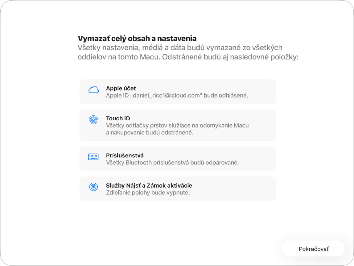 Okno Macu zobrazujúce asistenta vymazaním celého obsahu a nastavení.