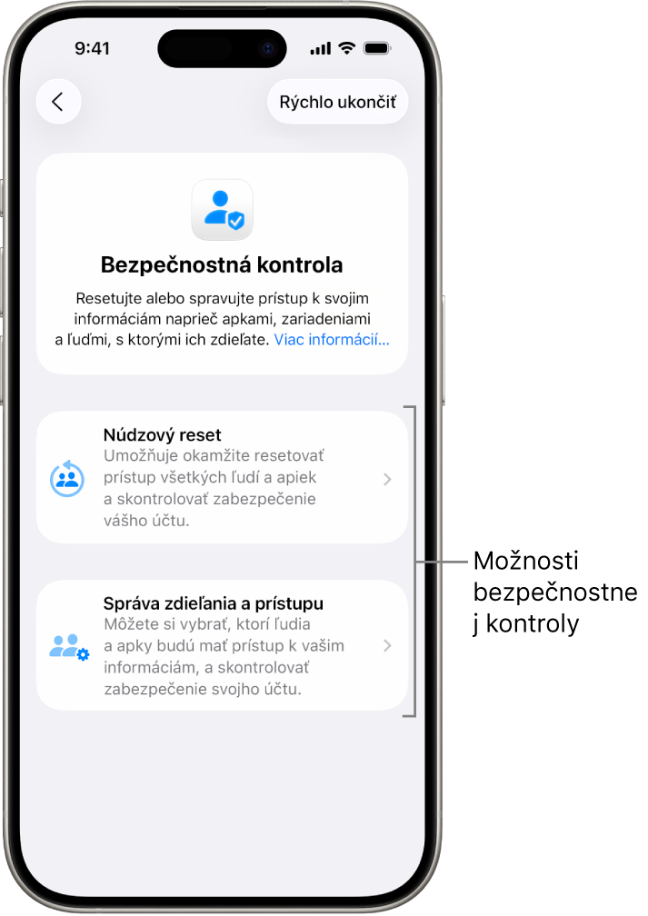 Obrazovka zobrazujúca dve možnosti dostupné v rámci bezpečnostnej kontroly: Núdzový reset a Správa zdieľania a prístupu.