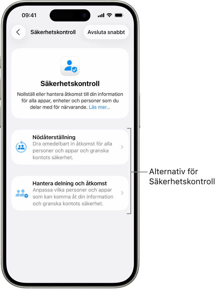En skärm som visar de två alternativ som finns i Säkerhetskontroll: Nödåterställning och Hantera delning och åtkomst.