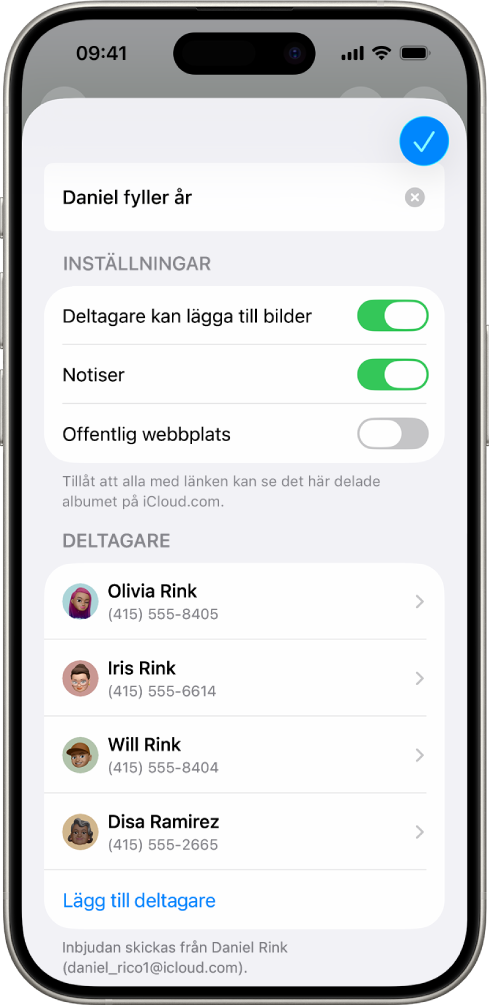 En iPhone-skärm visar ett delat fotoalbum och vilka som albumet delas med.