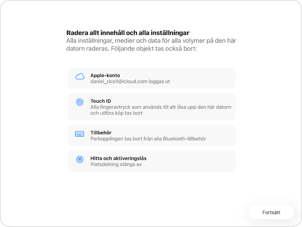 Ett Mac-fönster visar assistenten för radering av allt innehåll och alla inställningar.