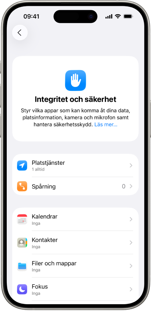 En iPhone visar skärmen Integritet och säkerhet i Inställningar.