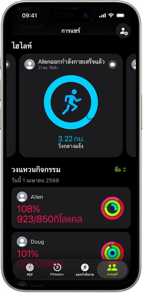 หน้าจอ iPhone ที่แสดงข้อมูลกิจกรรมที่แชร์กับคนอื่นสองคน
