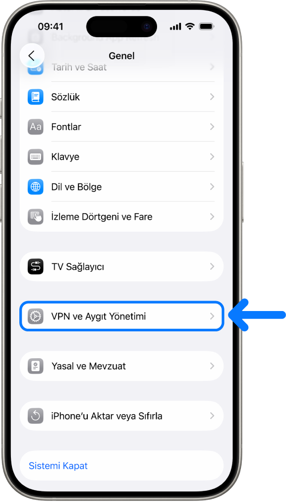 VPN ve Aygıt Yönetimi’ni seçili olarak gösteren bir iPhone ekranı.