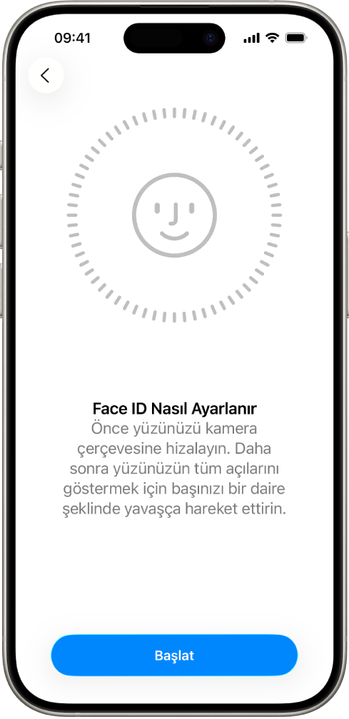 Face ID tanıma ayarlama ekranı. Ekranda, daire içine alınmış bir yüz gösteriliyor. Alt tarafta, kullanıcıya daireyi tamamlamak için kafasını yavaşça hareket ettirmesini söyleyen bir metin var.