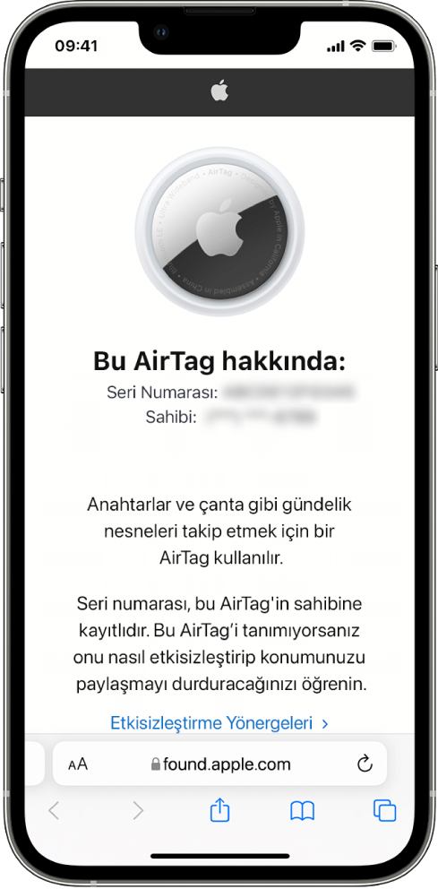 Bir AirTag hakkında bilgi gösteren bir iPhone ekranı.