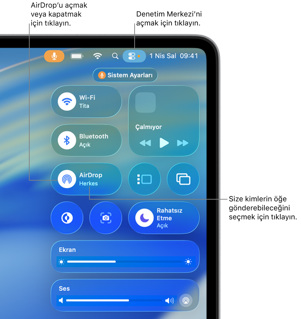 AirDrop’u Denetim Merkezi’nden kullanma.