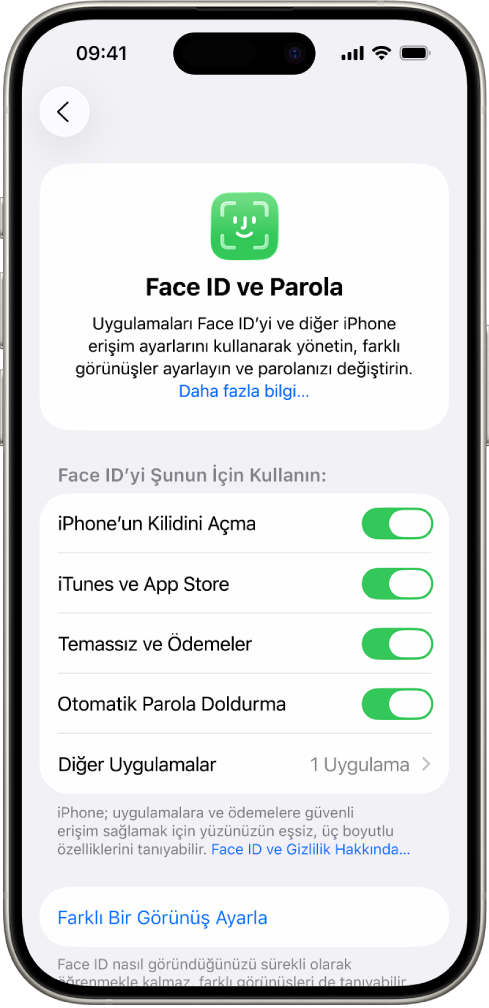 Face ID’nin neler için kullanılabileceğini (iPhone’un Kilidini Açma, iTunes ve App Store, Cüzdan ve Apple Pay ve Otomatik Parola Doldurma gibi) gösteren iPhone Face ID ekranı.