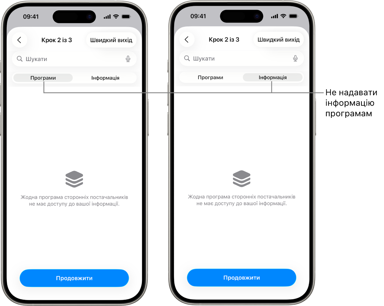 Екран із зображенням користувача на вкладці «Інформація» в розділі «Програми», який не ділиться інформацією з іншими програмами.