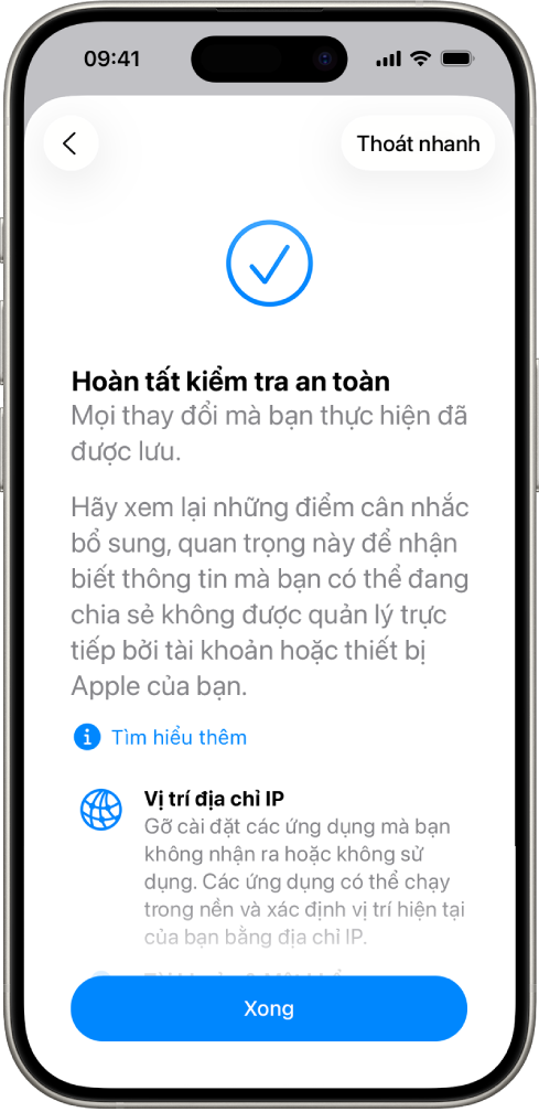 Một màn hình Kiểm tra an toàn đang cho biết rằng Kiểm tra an toàn hoàn tất.