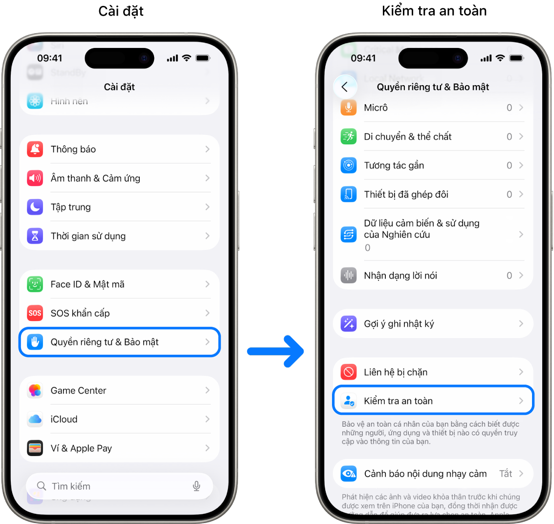Cách truy cập Kiểm tra an toàn từ ứng dụng Cài đặt.