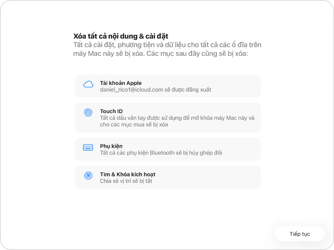 Một cửa sổ máy Mac đang hiển thị Trợ lý Xóa tất cả nội dung và cài đặt.