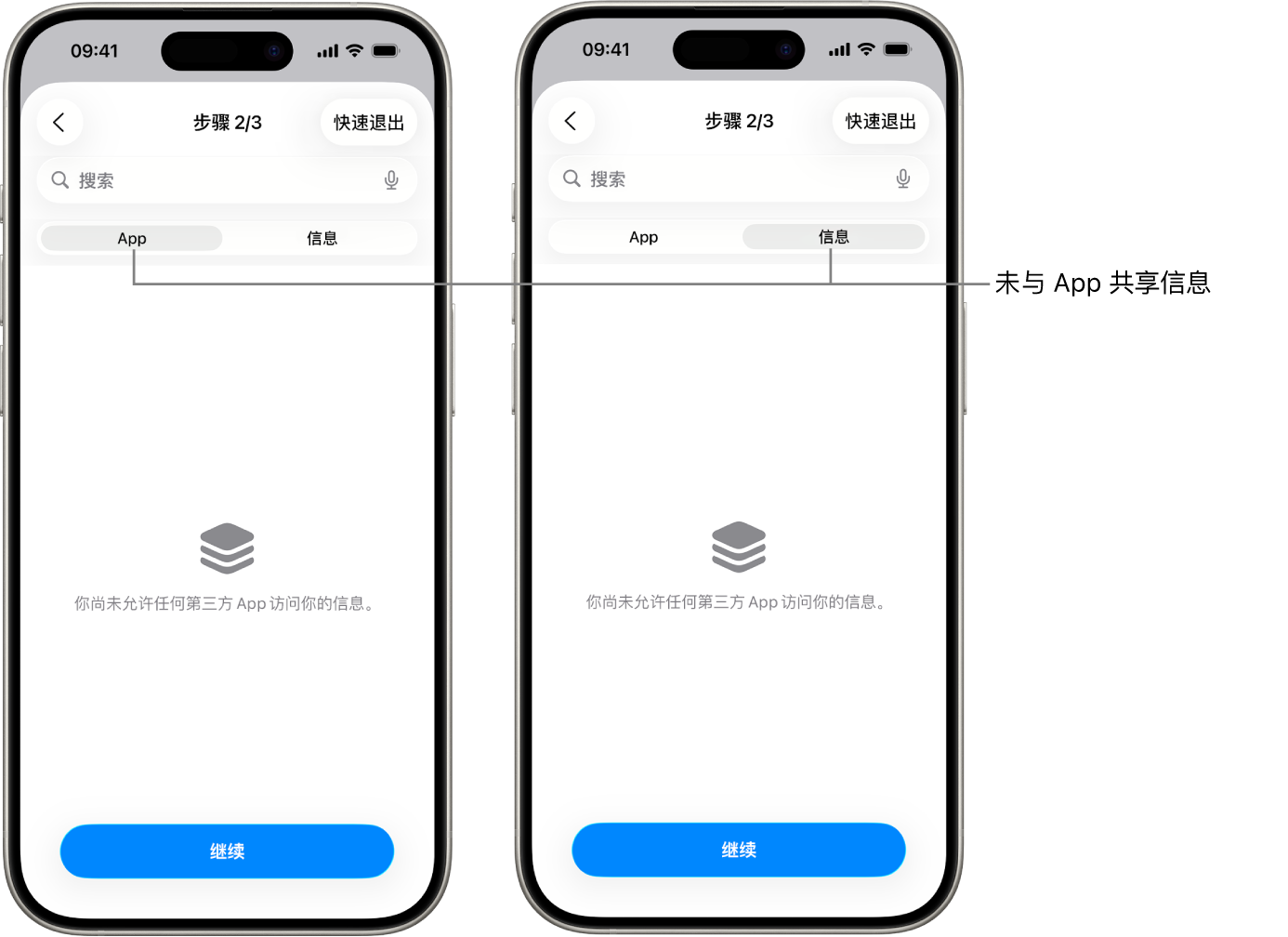 屏幕显示通过选择 App 和“信息”标签页,用户未与任何其他 App 共享任何信息。