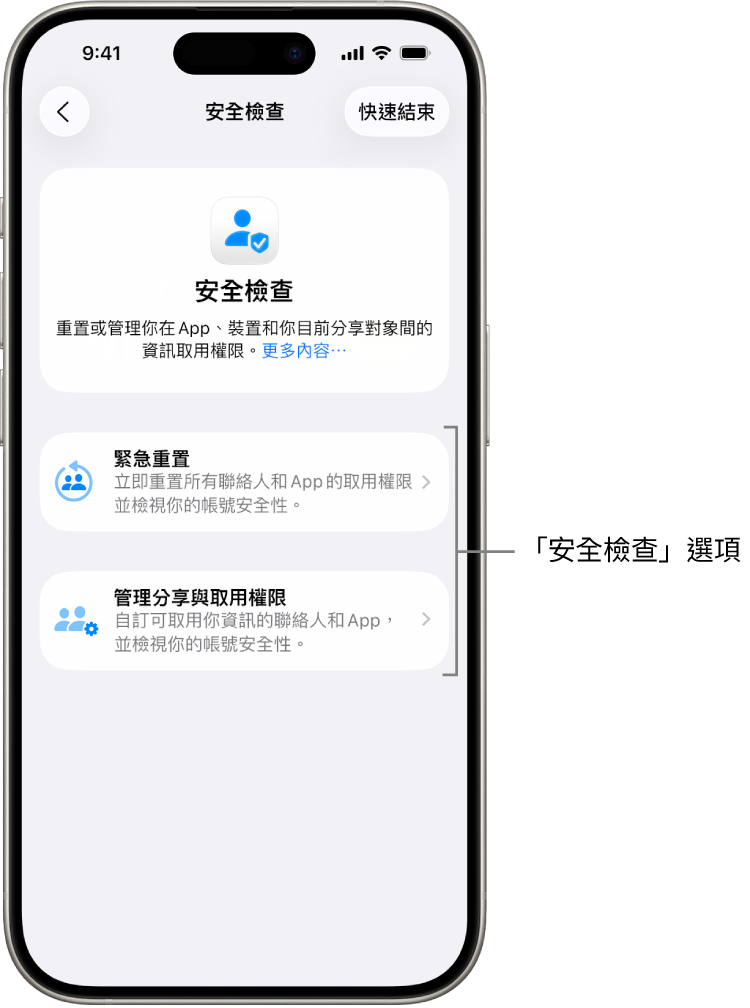 畫面顯示「安全檢查」提供的兩個選項：「緊急重置」和「管理分享與取用權限」。