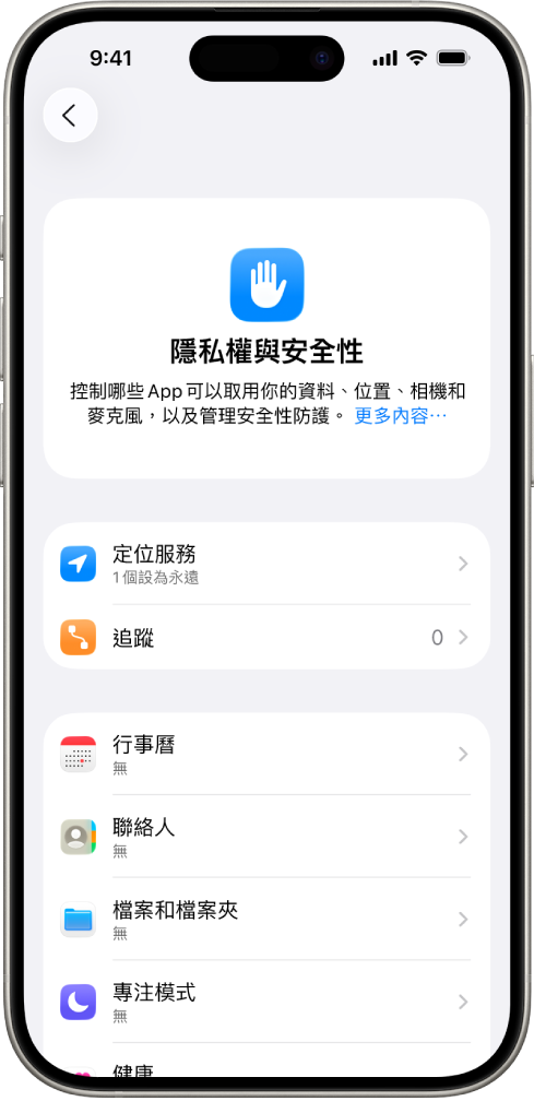 iPhone 顯示「設定」中的「隱私權與安全性」畫面。
