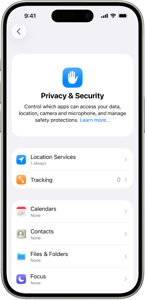 An iPhone showing the Privacy & Security screen in Settings.