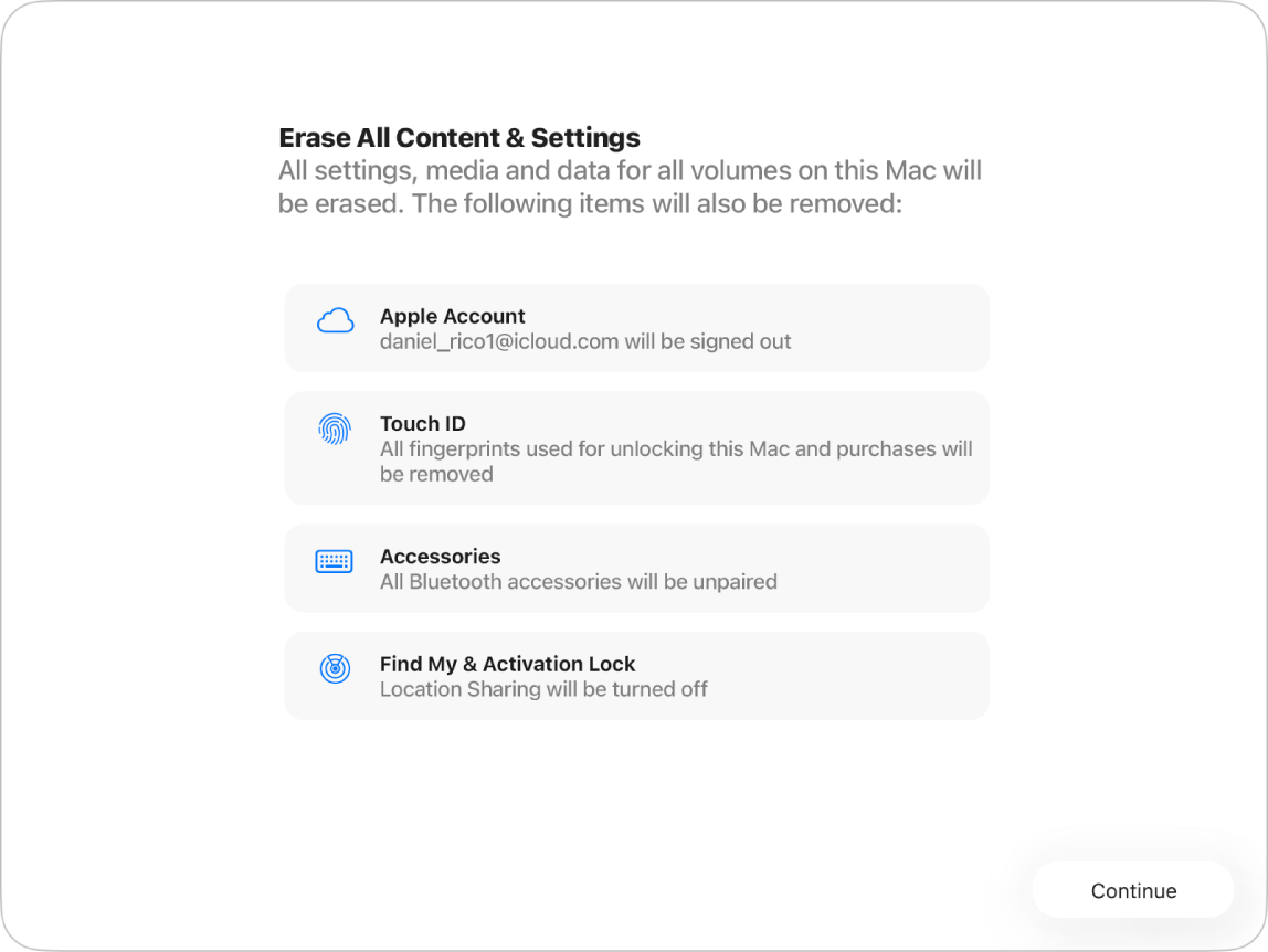 A Mac window showing the Erase All Content and Settings Assistant.