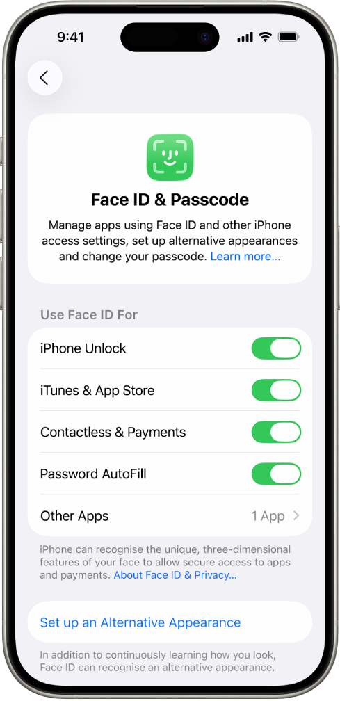 The iPhone Face ID screen showing what Face ID can be used for, such as iPhone Unlock, iTunes & App Store, Wallet & Apple Pay, and Password AutoFill.