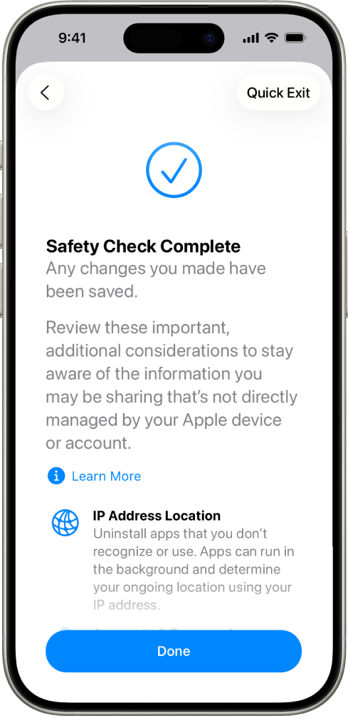 A Safety Check screen showing that the Safety Check is complete.