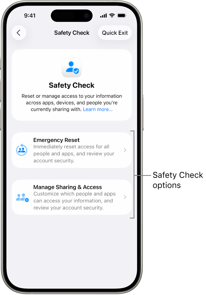 A screen showing the two options available with Safety Check: Emergency Reset and Manage Sharing & Access.