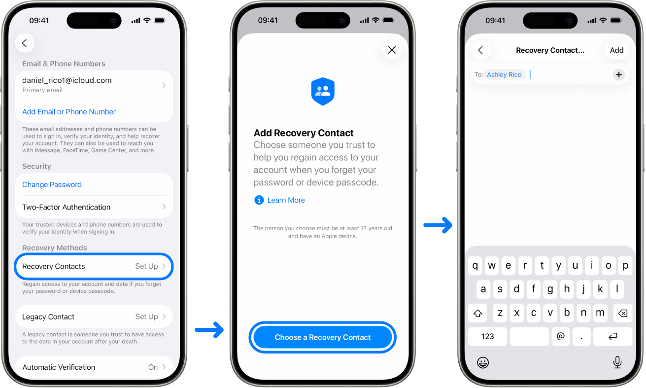 Three iPhone screens showing how to add Account Recovery contacts.