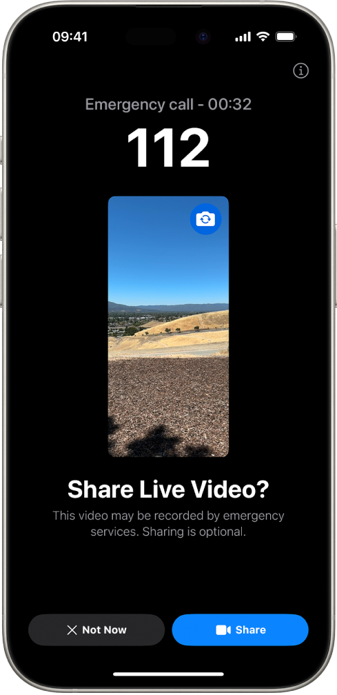 An Emergency SOS Live Video screen showing a 999 phone emergency call with a video preview in the middle. At the bottom are buttons for Not Now and Share Video.