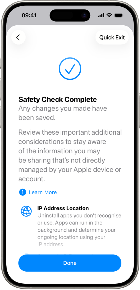 A Safety Check screen showing that the Safety Check is complete.