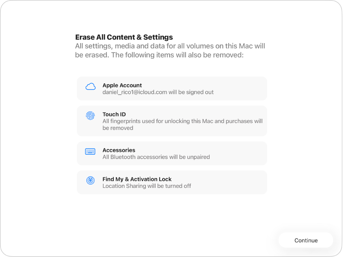 A Mac window showing the Erase All Content and Settings Assistant.