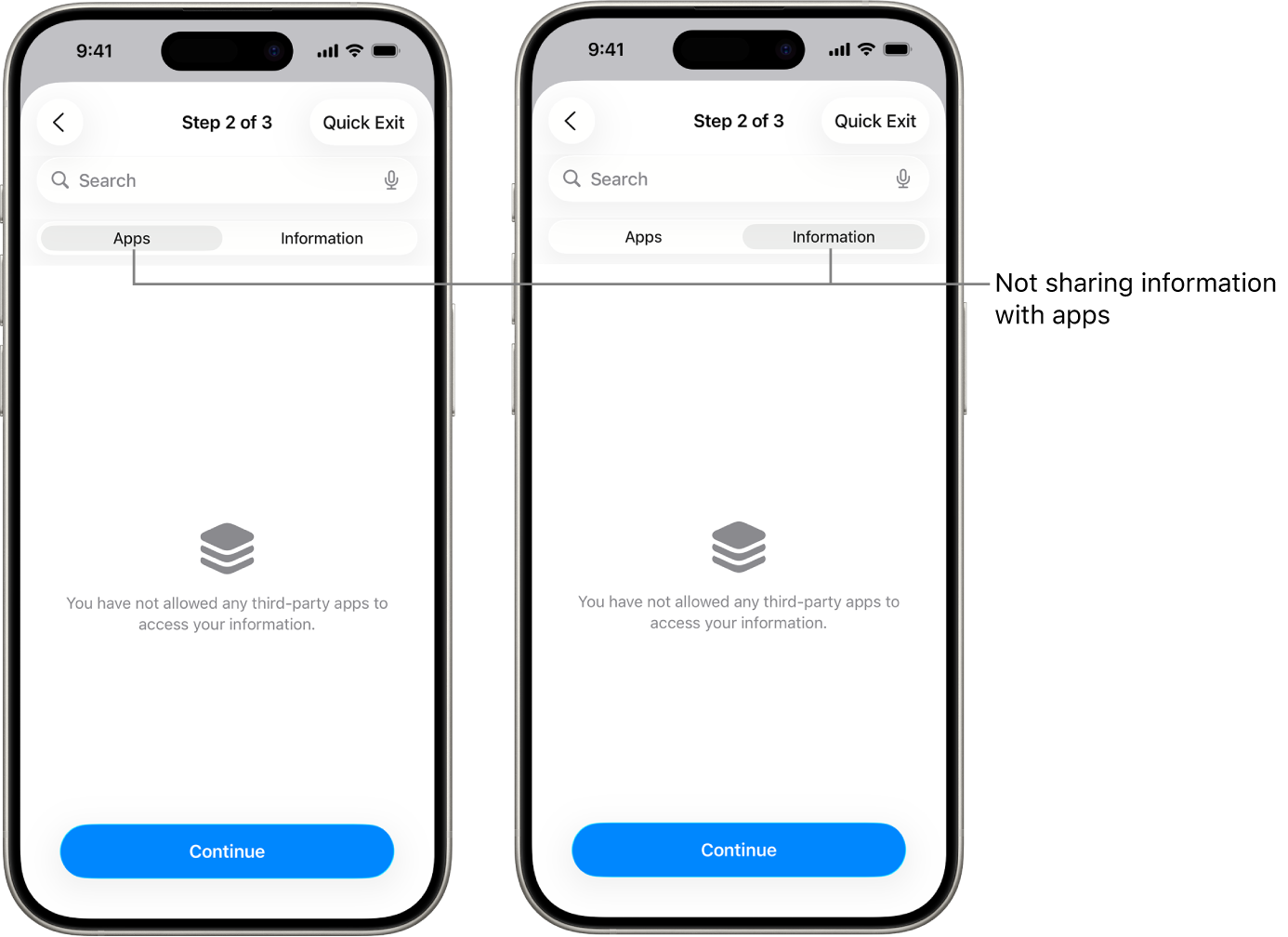 A screen showing that a user isn’t sharing any information with any other apps by selecting the Apps and Information tab.