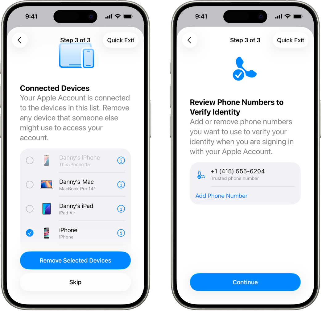 Two iPhone screens showing (1) a selected device to remove from trusted devices and (2) a screen to edit trusted phone numbers.