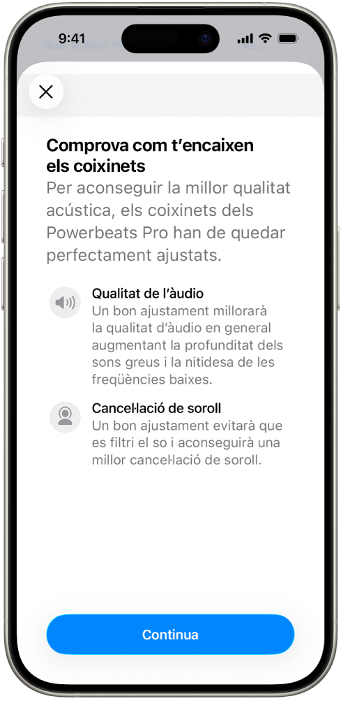 Pantalla d’un iPhone que mostra la prova d’encaix dels coixinets.