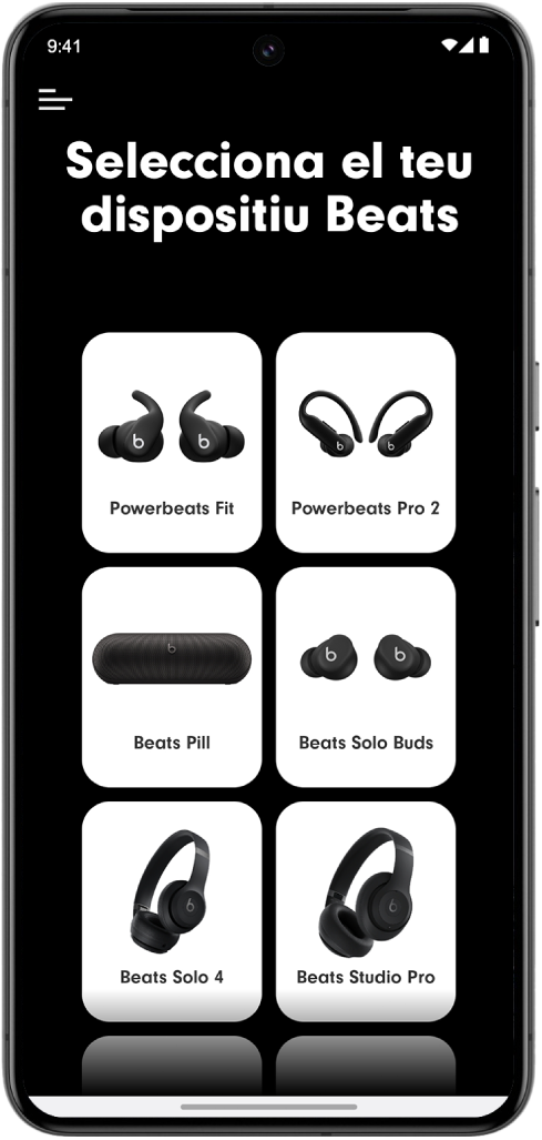 Pantalla “Selecciona el teu dispositiu Beats” de l’app Beats que mostra els dispositius Beats compatibles.
