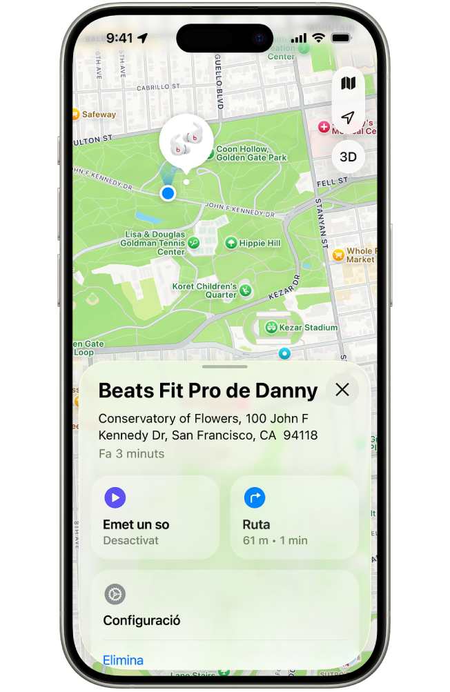 La pantalla de l’app Cerca de l’iPhone mostra la ubicació dels Beats Fit Pro al mapa de San Francisco.