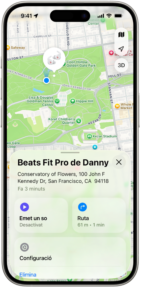 La pantalla de l’app Cerca de l’iPhone mostra la ubicació dels Beats Fit Pro al mapa de San Francisco.