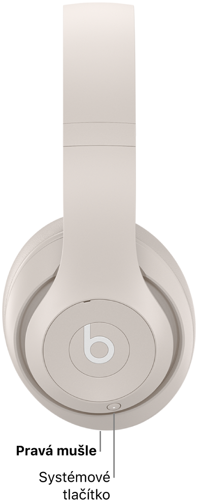 Systémové tlačítko na sluchátkách Beats Studio Pro, nacházející se na pravé mušli