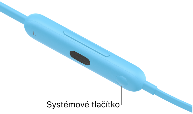 Systémové tlačítko na sluchátkách Beats Flex, nacházející se na levém ovládacím modulu