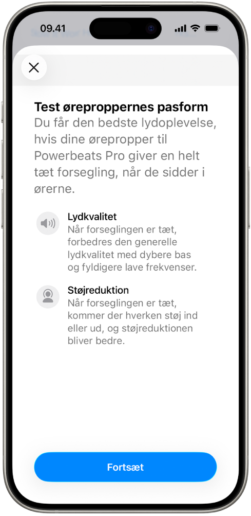 En skærm på iPhone, der viser funktionen Test af øreproppernes pasform.