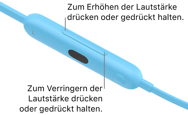 Eine Abbildung des linken Bedienelements der Beats Flex zeigt die Lautstärketaste.