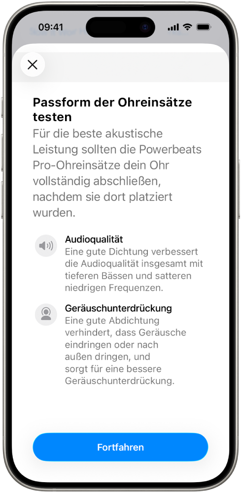 Ein iPhone-Bildschirm zeigt den Passtest für Ohreinsätze.