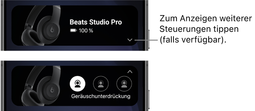 Das erste Bild zeigt das Widget für die Beats-App und zeigt die verbundenen Beats Studio Pro-Kopfhörern sowie eine Taste zum Anzeigen weiterer Steuerelemente an. Das zweite Bild zeigt die Steuerelemente für die Geräuschunterdrückung im Widget an.