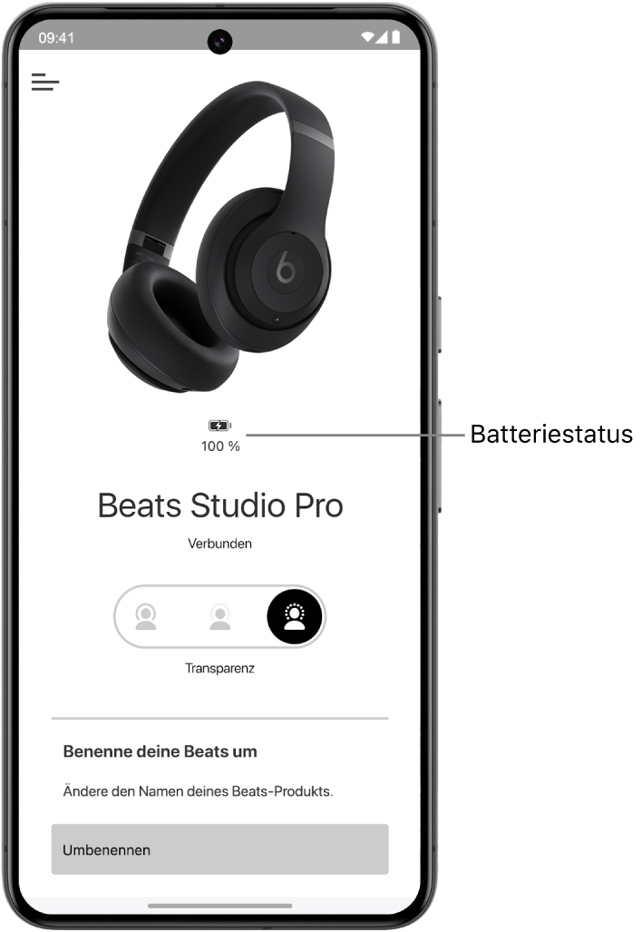 Der Gerätebildschirm der Beats-App zeigt den Batteriestatus verbundener Beats Solo 4-Kopfhörer.