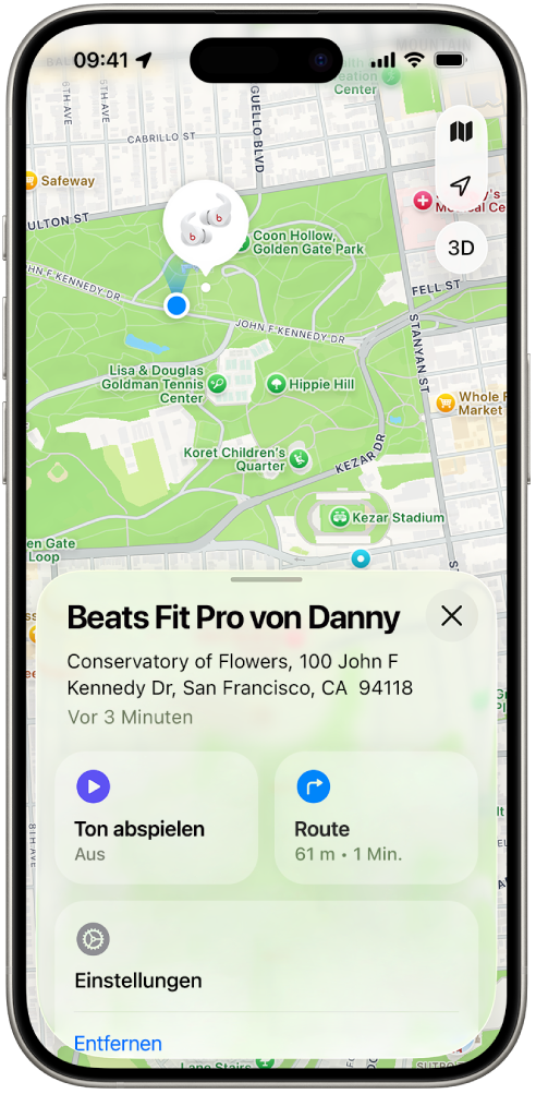 Der Bildschirm der App „Wo ist?“ auf dem iPhone zeigt den Standort der Beats Fit Pro auf einer Karte von San Francisco.