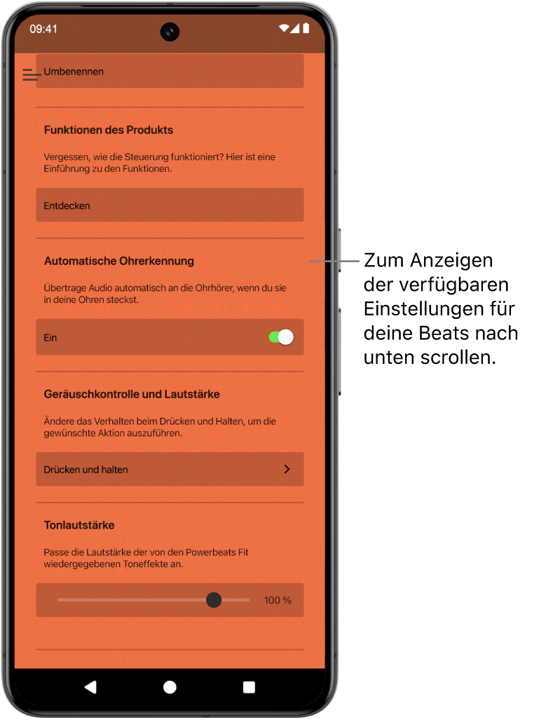 Der Gerätebildschirm der Beats-App zeigt die verfügbaren Einstellungen für die verbundenen Powerbeats Fit-Ohrhörer.