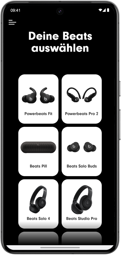 Der Bildschirm „Deine Beats auswählen“ zeigt unterstützte Beats-Geräte.