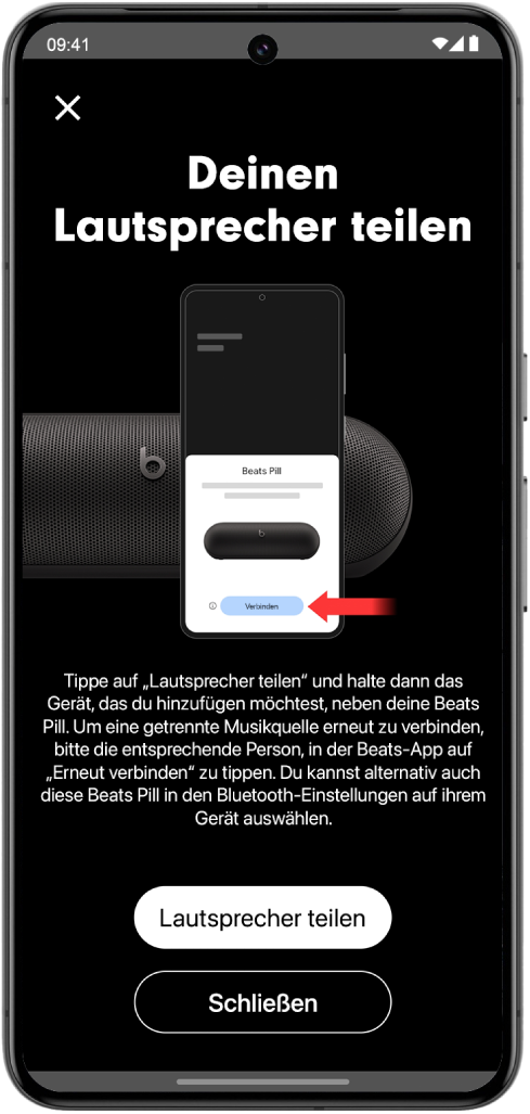 Der Bildschirm „Deinen Lautsprecher teilen“ der Beats-App zeigt die Tasten „Lautsprecher teilen“ und „Schließen“.