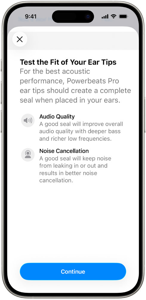 An iPhone screen displaying the Ear Tip Fit Test.